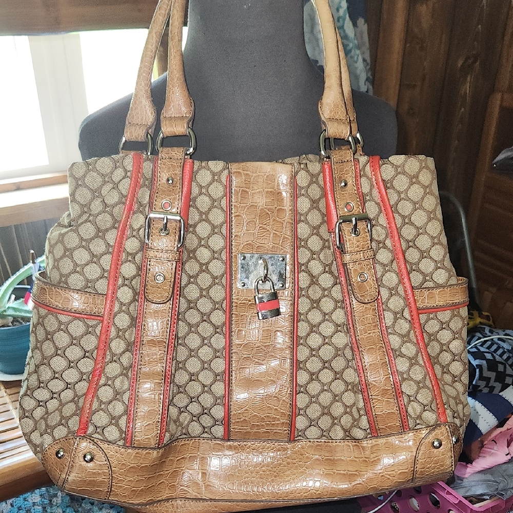 Nine West Brown and Tan Shoulder Bag with Red Highlights